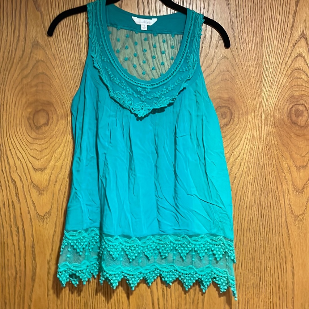 Charming Charlie sheer mesh/crochet tank top. Turquoise teal, small.